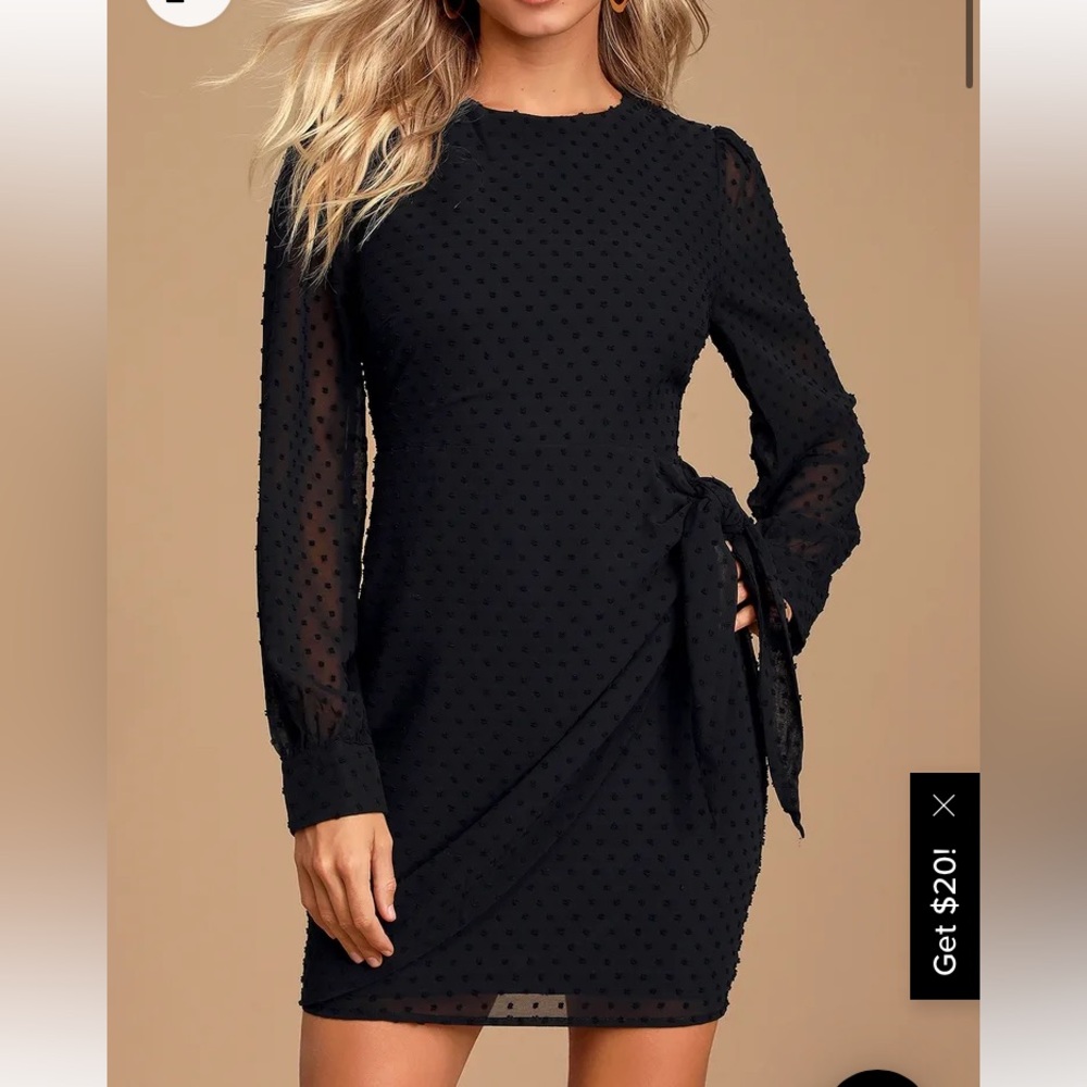 Lulus XL  Black Swiss Dot Long Sleeve Tie-Front Mini Dress